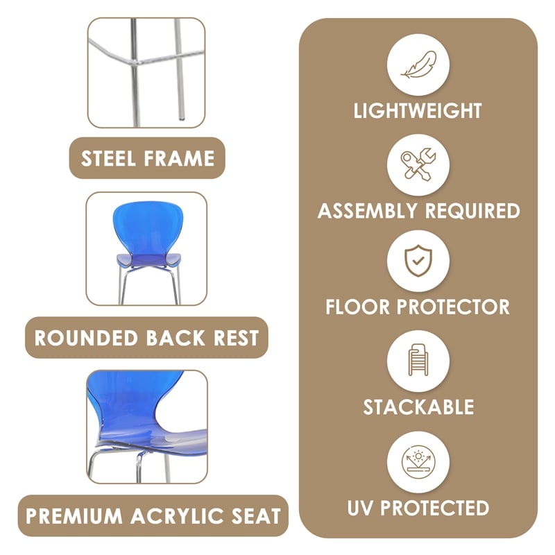 LeisureMod Oyster Plastic Barstool with Steel Frame Set of 2 Blue