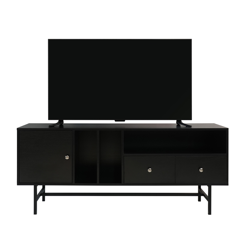 LeisureMod Rochester TV Stand with MDF Cabinet and Iron Legs in Ebony