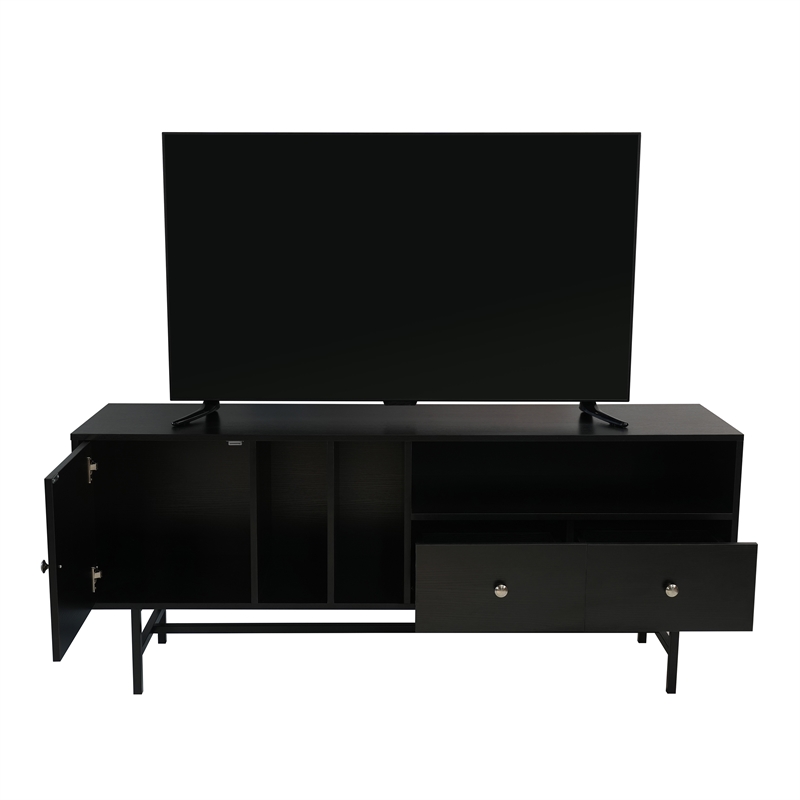 LeisureMod Rochester TV Stand with MDF Cabinet and Iron Legs in Ebony