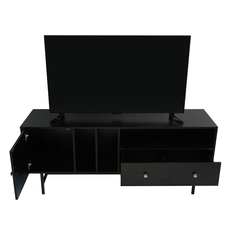 LeisureMod Rochester TV Stand with MDF Cabinet and Iron Legs in Ebony