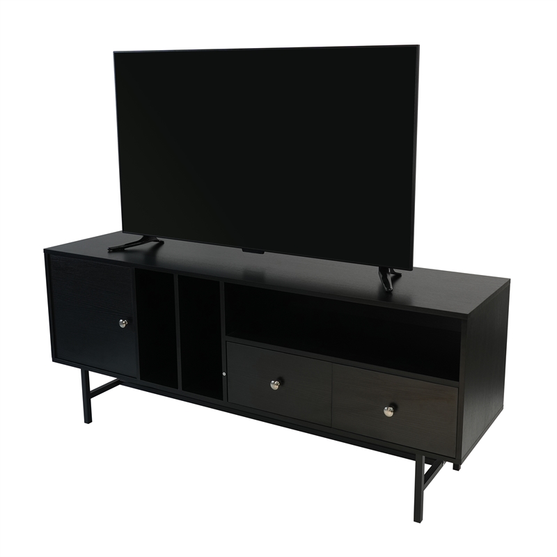 LeisureMod Rochester TV Stand with MDF Cabinet and Iron Legs in Ebony