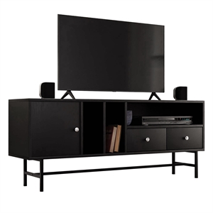 LeisureMod Rochester TV Stand with MDF Cabinet and Iron Legs in Ebony