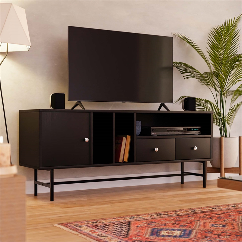 LeisureMod Rochester TV Stand with MDF Cabinet and Iron Legs in Ebony