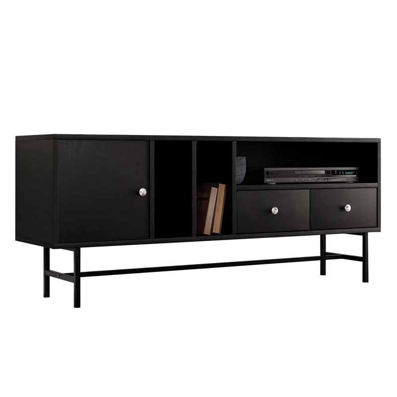LeisureMod Rochester TV Stand with MDF Cabinet and Iron Legs in Ebony