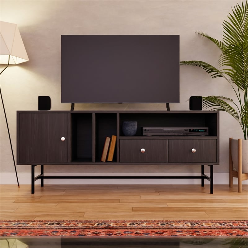 LeisureMod Rochester TV Stand with MDF Cabinet and Iron Legs in Phantom Gray