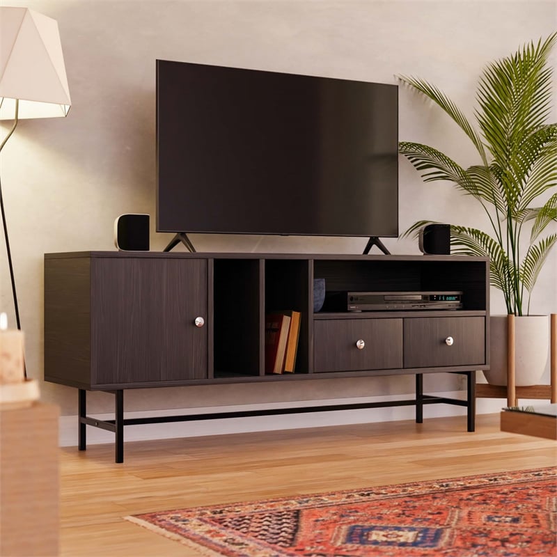 LeisureMod Rochester TV Stand with MDF Cabinet and Iron Legs in Phantom Gray