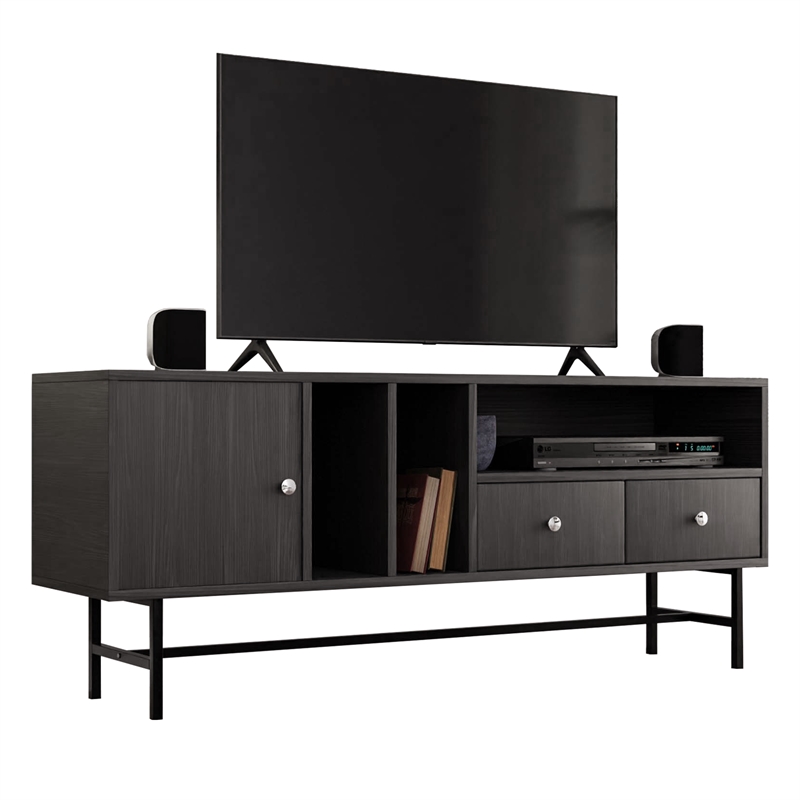 LeisureMod Rochester TV Stand with MDF Cabinet and Iron Legs in Phantom Gray