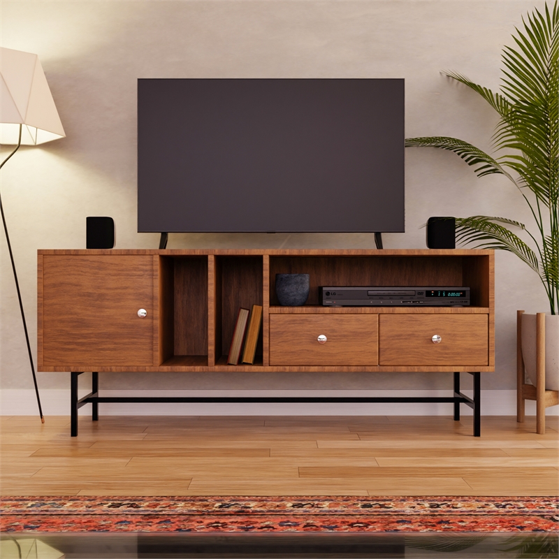 LeisureMod Rochester TV Stand with MDF Cabinet and Iron Legs in Walnut