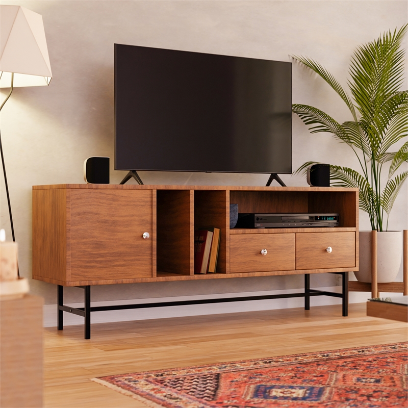 LeisureMod Rochester TV Stand with MDF Cabinet and Iron Legs in Walnut