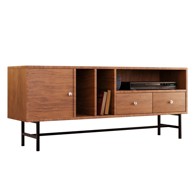 LeisureMod Rochester TV Stand with MDF Cabinet and Iron Legs in Walnut