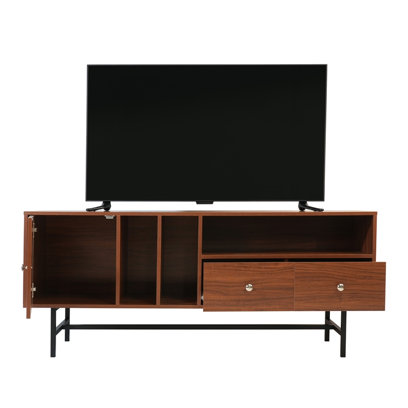 LeisureMod Rochester TV Stand with MDF Cabinet and Iron Legs in Walnut
