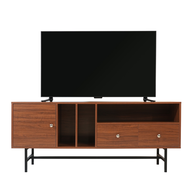 LeisureMod Rochester TV Stand with MDF Cabinet and Iron Legs in Walnut