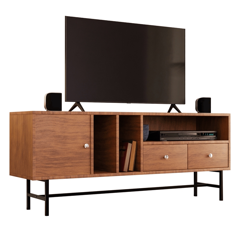 LeisureMod Rochester TV Stand with MDF Cabinet and Iron Legs in Walnut