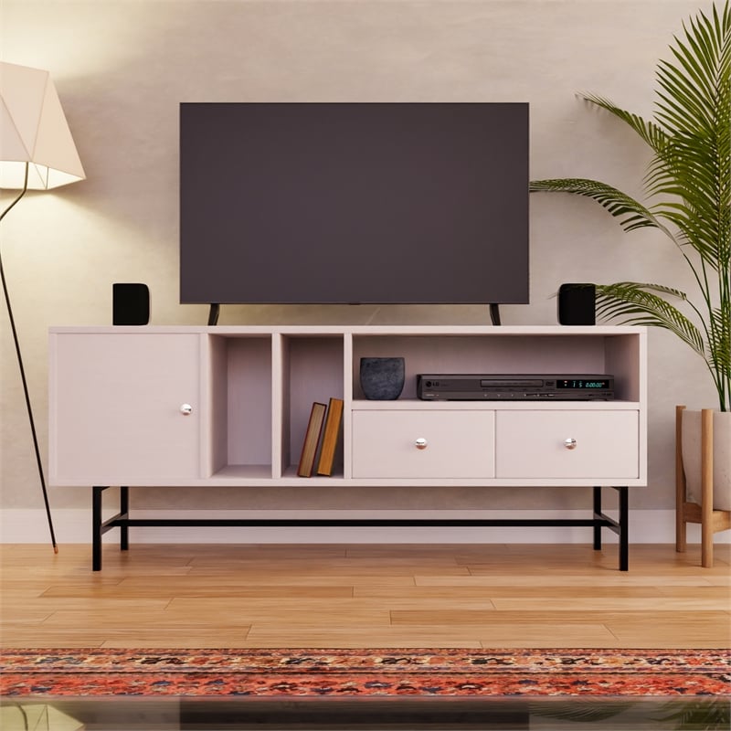 LeisureMod Rochester TV Stand with MDF Cabinet and Iron Legs White