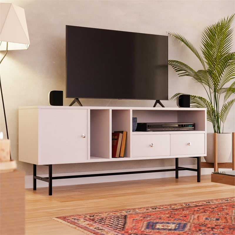 LeisureMod Rochester TV Stand with MDF Cabinet and Iron Legs White