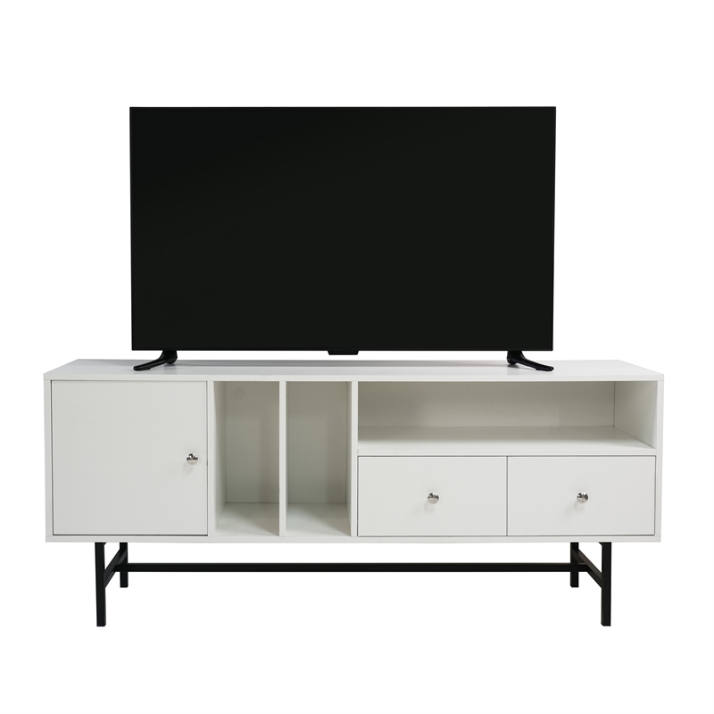LeisureMod Rochester TV Stand with MDF Cabinet and Iron Legs White