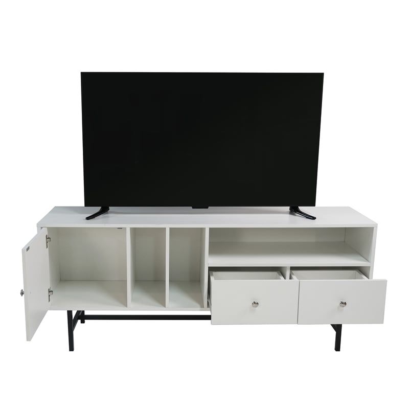 LeisureMod Rochester TV Stand with MDF Cabinet and Iron Legs White