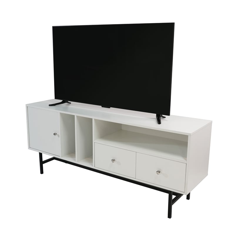 LeisureMod Rochester TV Stand with MDF Cabinet and Iron Legs White