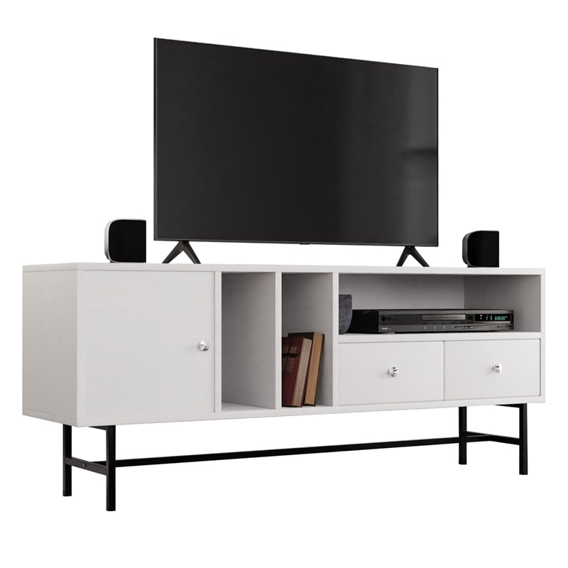 LeisureMod Rochester TV Stand with MDF Cabinet and Iron Legs White