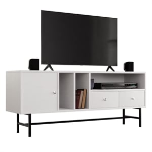 LeisureMod Rochester TV Stand with MDF Cabinet and Iron Legs White