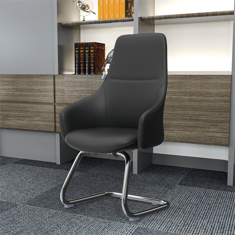 LeisureMod Celeste Faux Leather Conference Office Chair with Armrest Black
