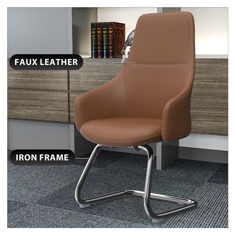 LeisureMod Celeste Faux Leather Conference Office Chair with Armrest Dark Brown