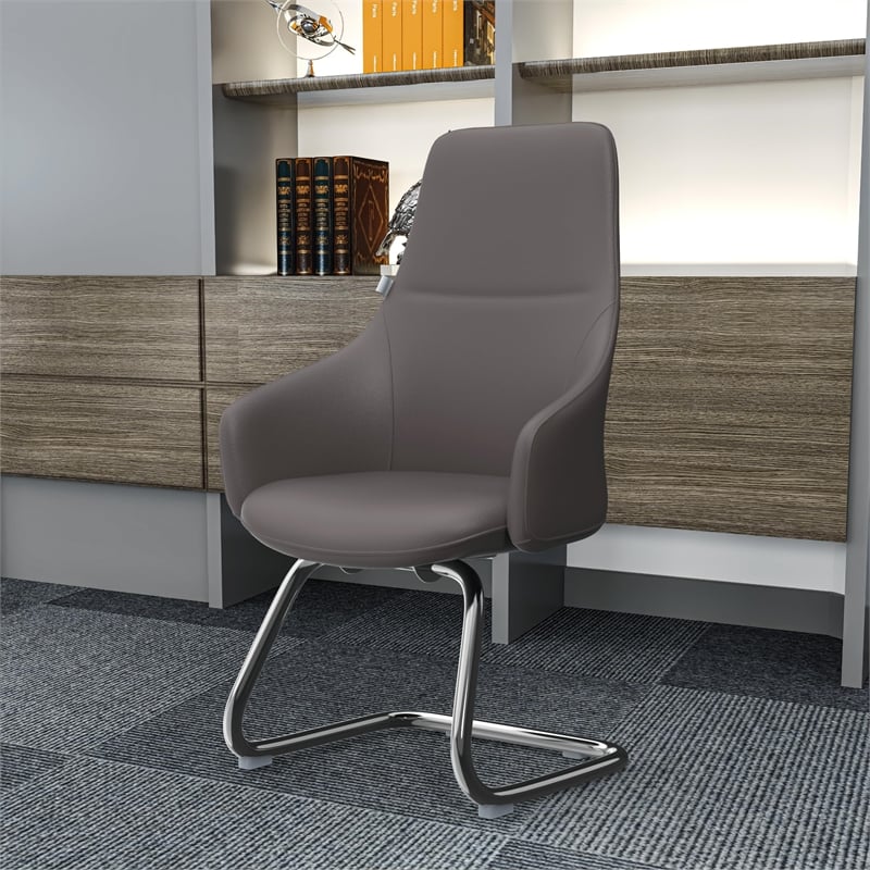 LeisureMod Celeste Faux Leather Conference Office Chair with Armrest Gray