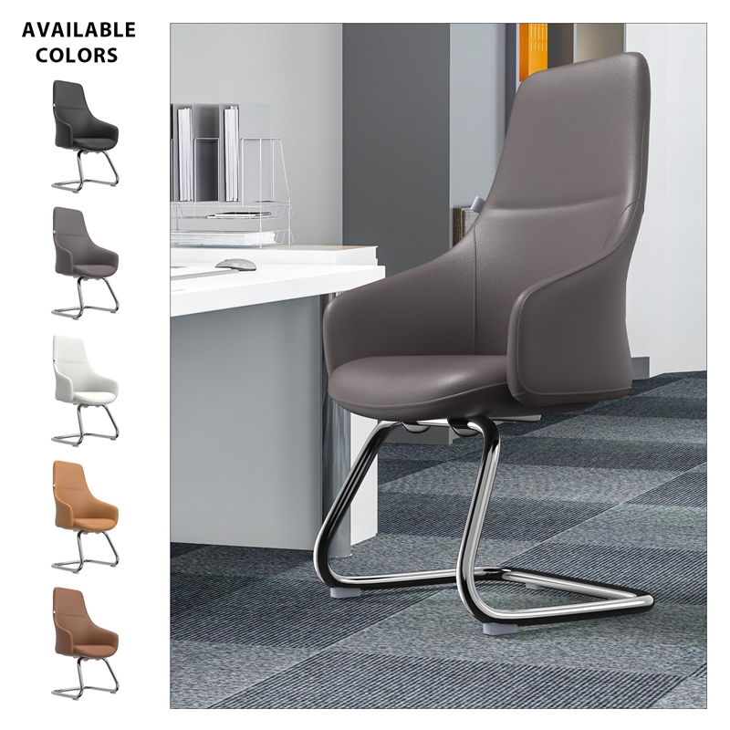 LeisureMod Celeste Faux Leather Conference Office Chair with Armrest Gray