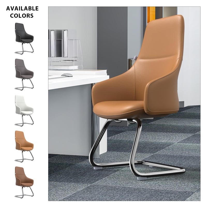 LeisureMod Celeste Faux Leather Conference Office Chair with Armrest Acorn Brown