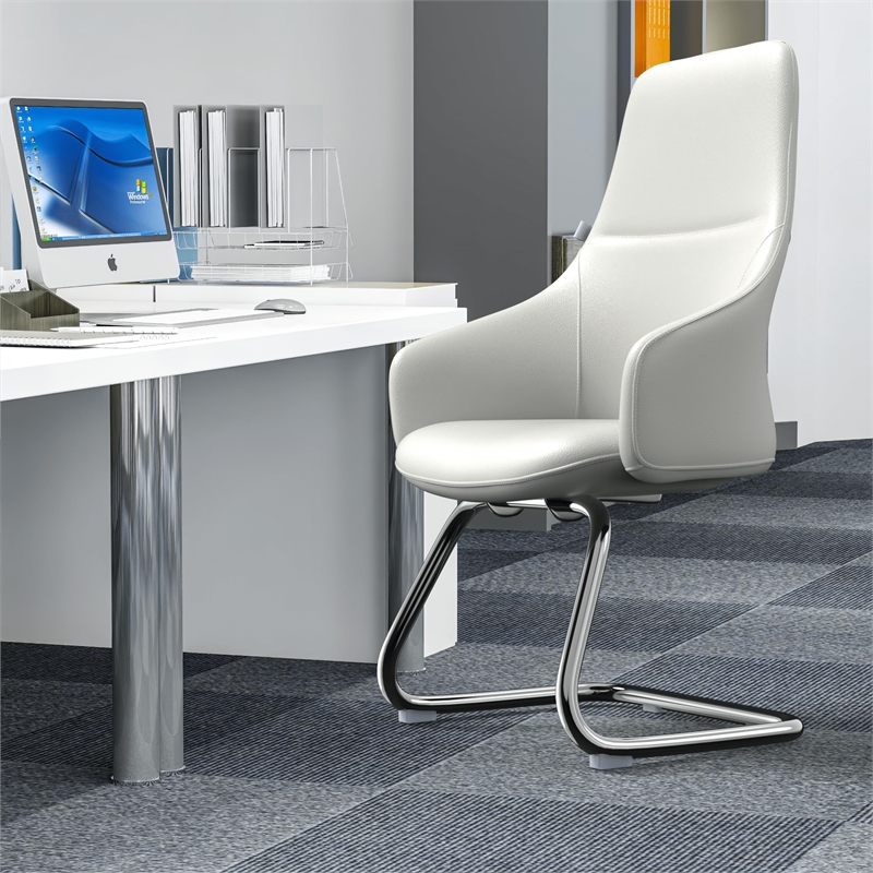 LeisureMod Celeste Faux Leather Conference Office Chair with Armrest White