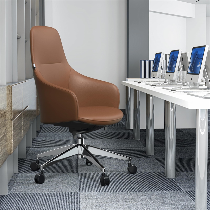 LeisureMod Celeste Modern Office Chair in Upholstered Faux Leather Acorn Brown