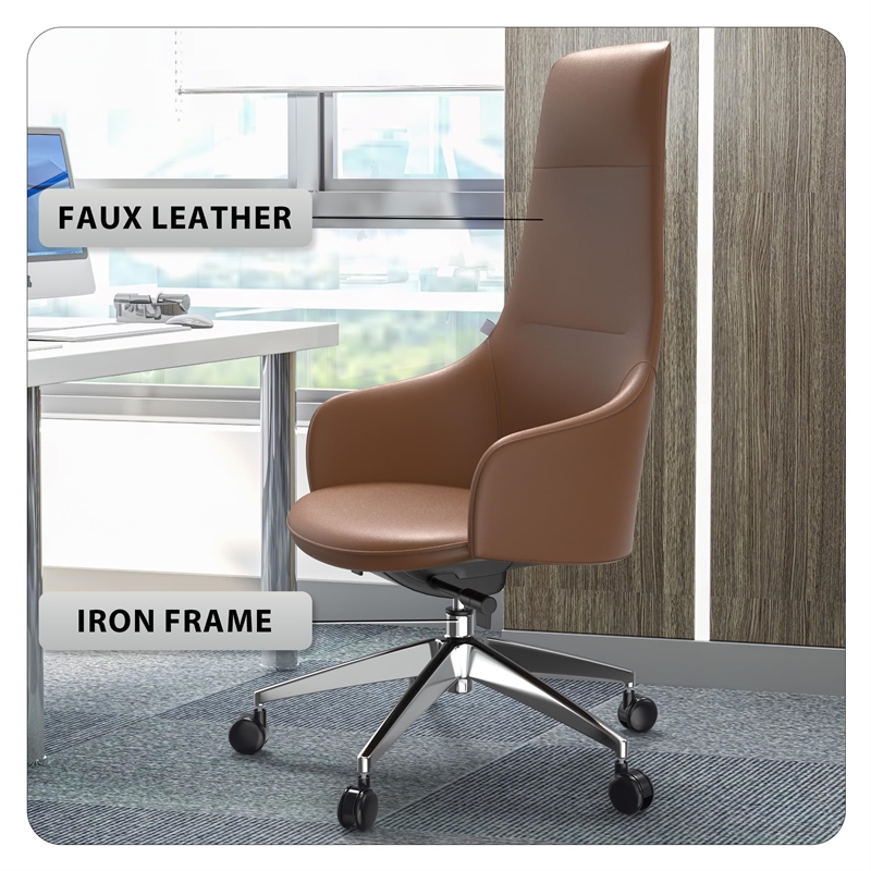 LeisureMod Celeste Modern Office Chair in Upholstered Faux Leather Acorn Brown