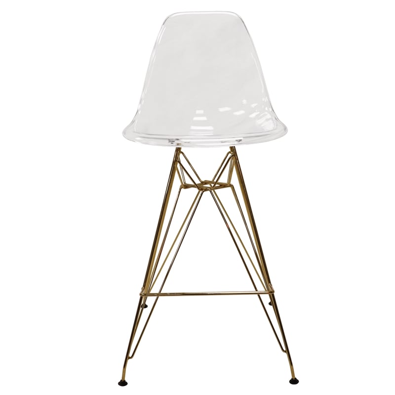 LeisureMod Cresco Plastic Barstool with Gold Chrome Base Clear