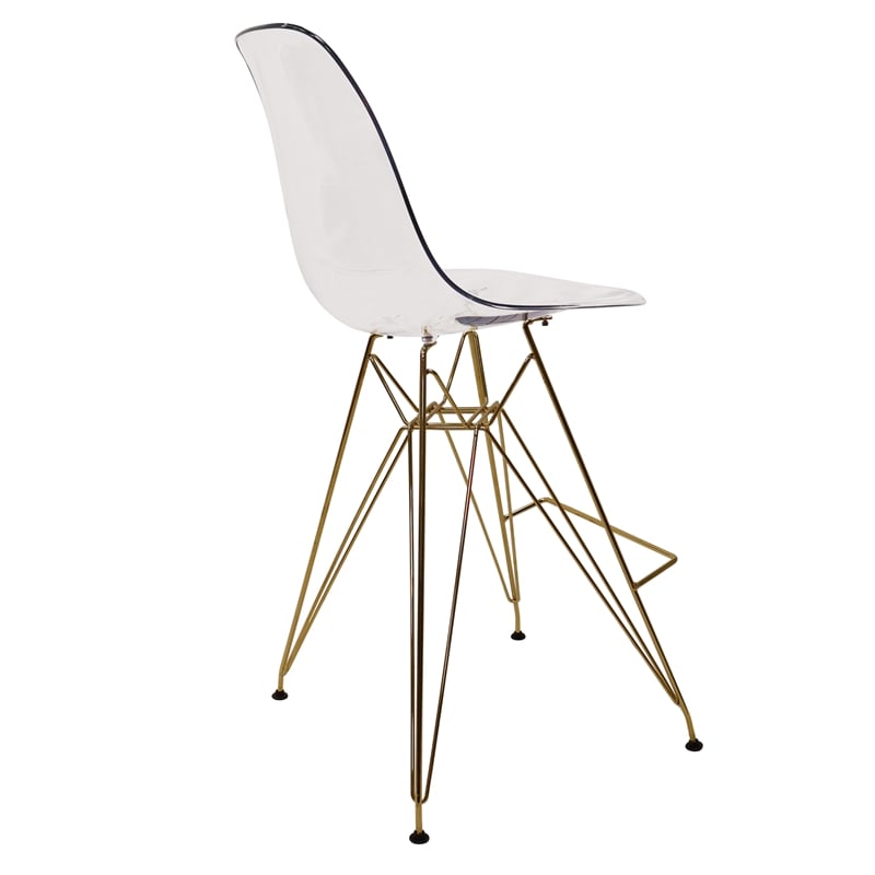 LeisureMod Cresco Plastic Barstool with Gold Chrome Base Clear