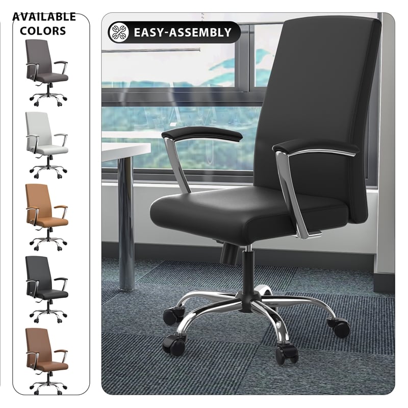 LeisureMod Evander Faux Leather Office Chair with Aluminum Frame Black
