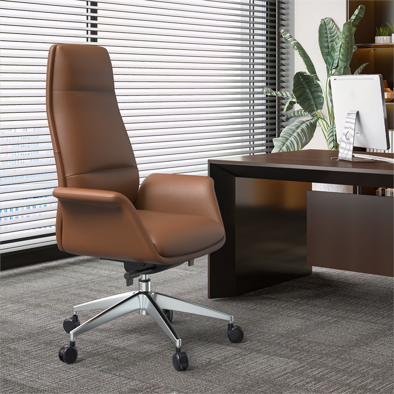LeisureMod Summit Faux Leather High-Back Swivel Office Chair in Dark Brown
