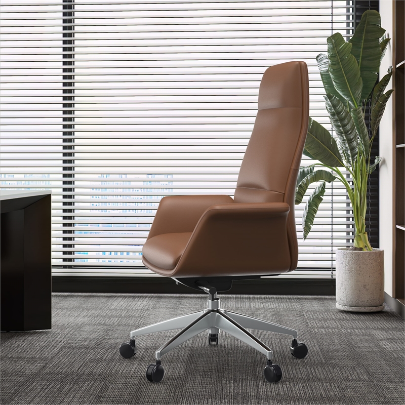 LeisureMod Summit Faux Leather High-Back Swivel Office Chair in Dark Brown