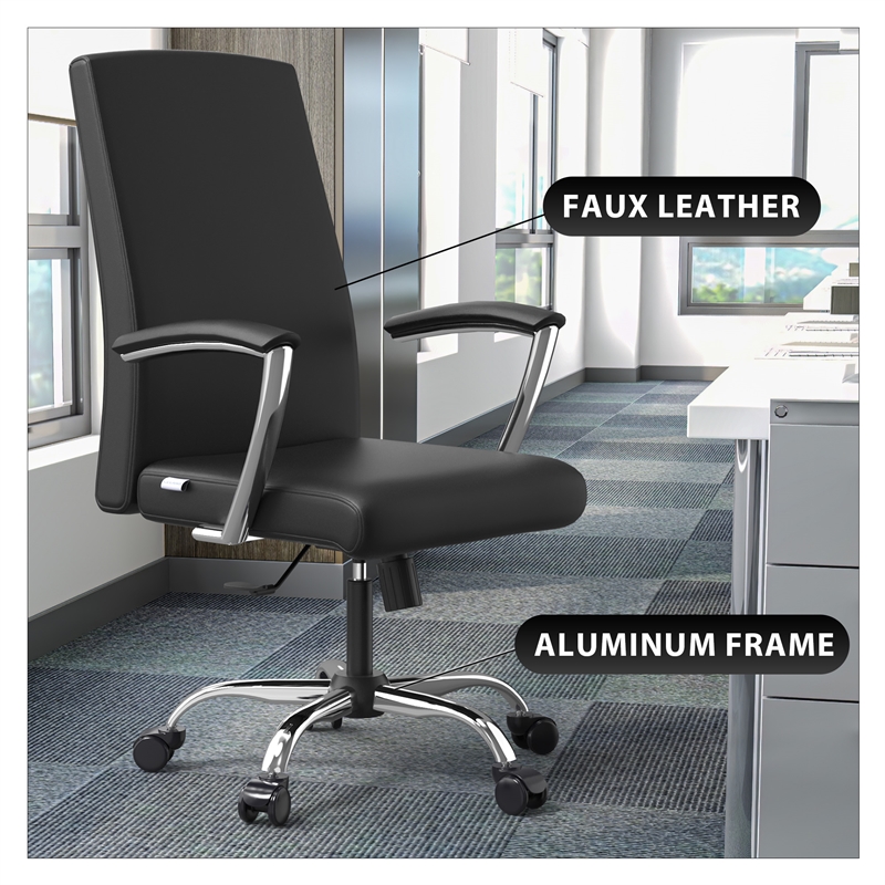 LeisureMod Evander Office Chair in Faux Leather with Silver Frame Black