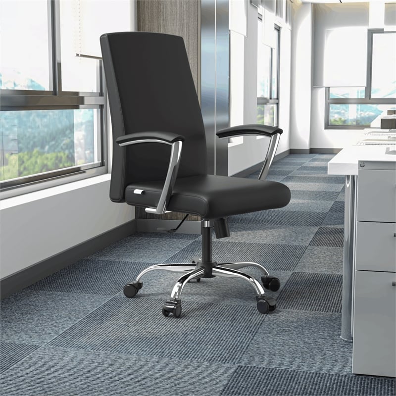 LeisureMod Evander Office Chair in Faux Leather with Silver Frame Black