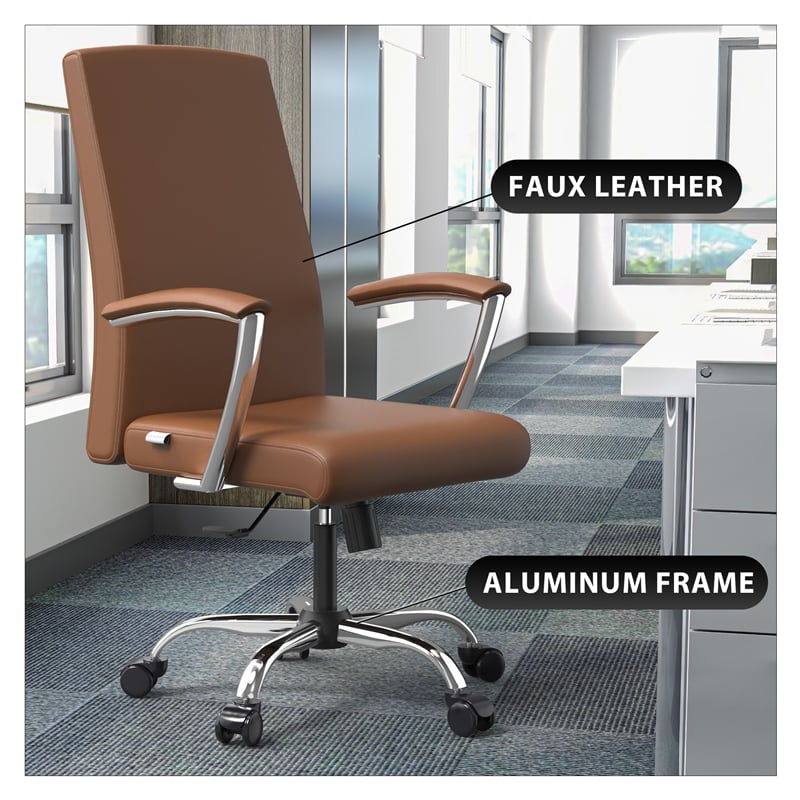 leisuremod evander office chair in faux leather with silver frame dark brown