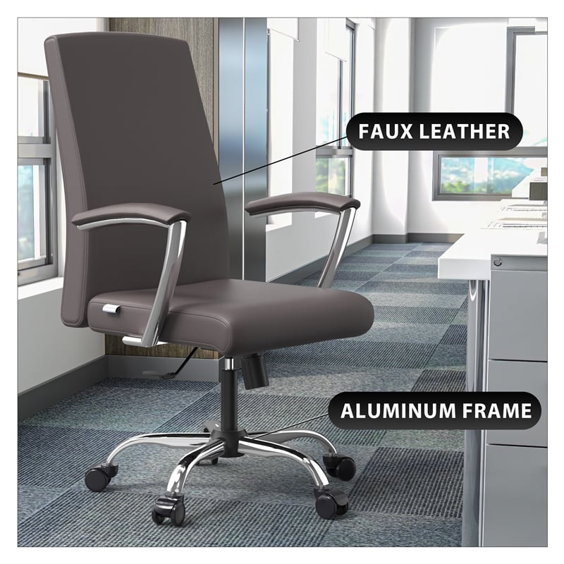 LeisureMod Evander Office Chair in Faux Leather with Silver Frame Grey