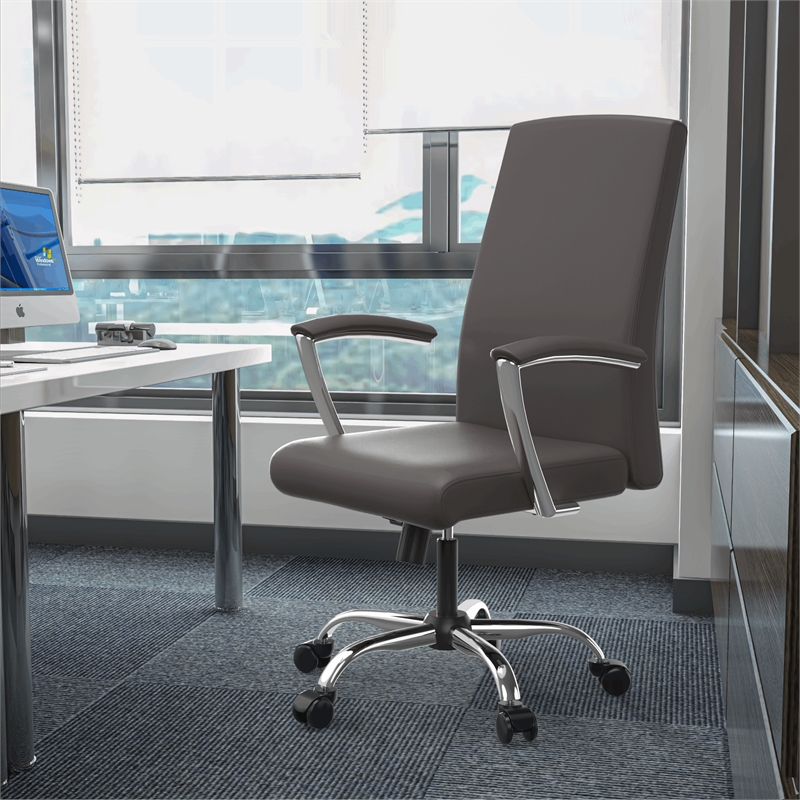 LeisureMod Evander Office Chair in Faux Leather with Silver Frame Grey