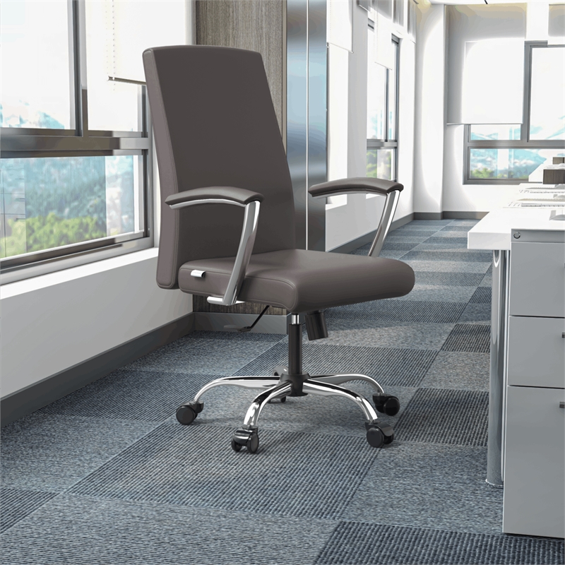 LeisureMod Evander Office Chair in Faux Leather with Silver Frame Grey