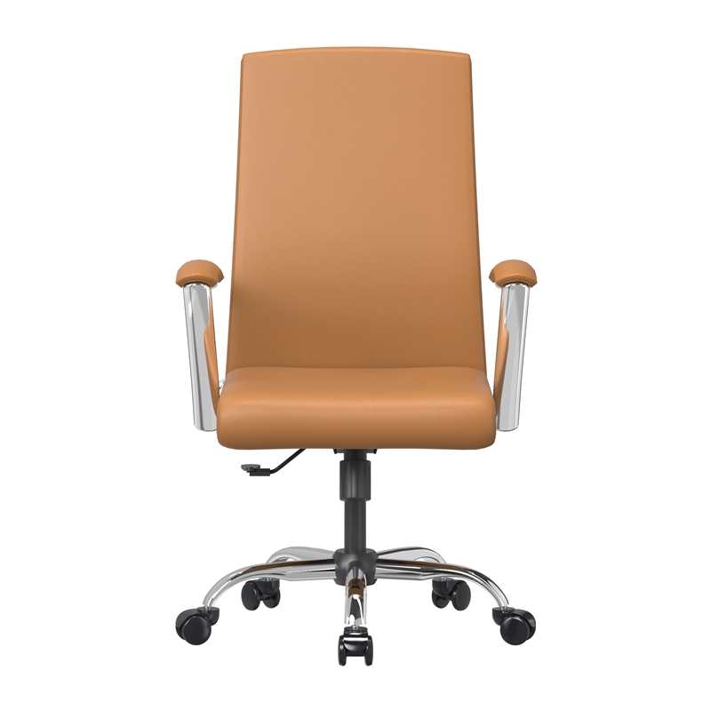 LeisureMod Evander Office Chair in Faux Leather with Silver Frame Acorn Brown