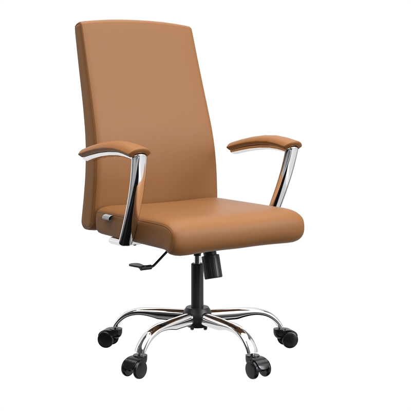 LeisureMod Evander Office Chair in Faux Leather with Silver Frame Acorn Brown