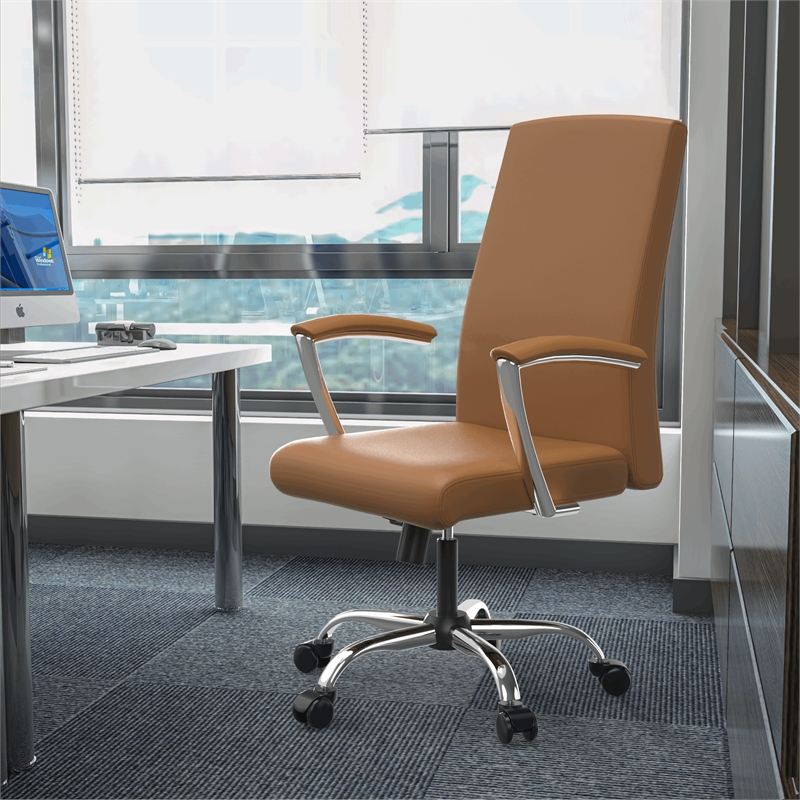 LeisureMod Evander Office Chair in Faux Leather with Silver Frame Acorn Brown
