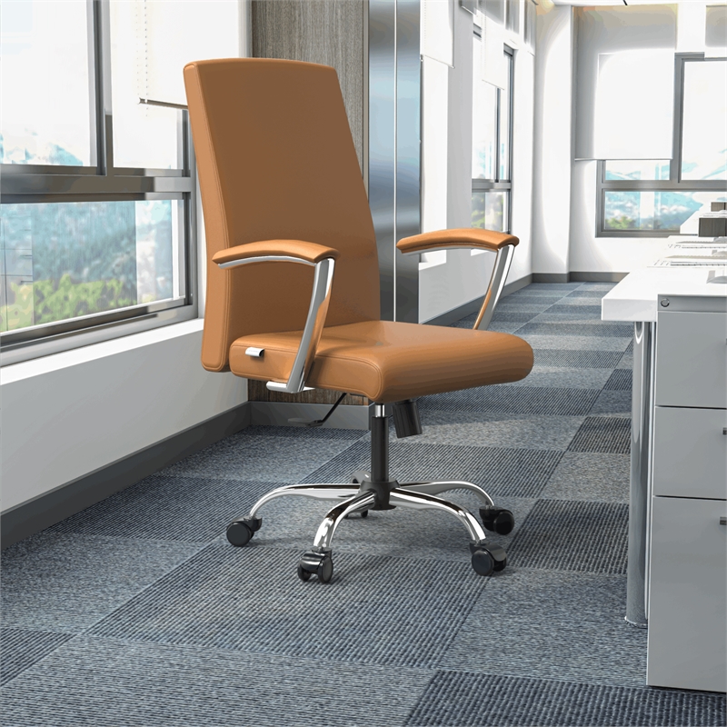 LeisureMod Evander Office Chair in Faux Leather with Silver Frame Acorn Brown