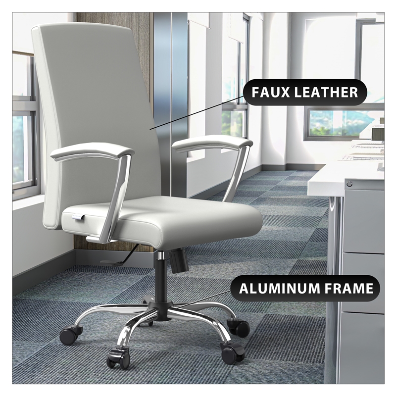 LeisureMod Evander Office Chair in Faux Leather with Silver Frame White