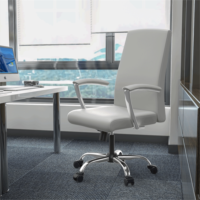 LeisureMod Evander Office Chair in Faux Leather with Silver Frame White