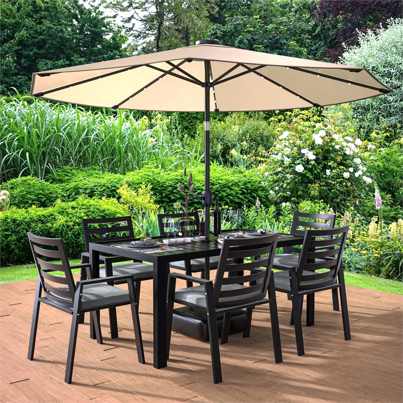 LeisureMod Chelsea 7-Piece Outdoor Dining Set in Black Aluminum Charcoal Black